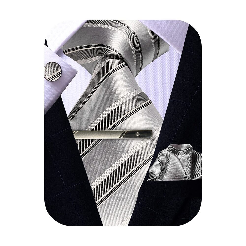 1553 Silver Tie and Pocket Square Set, Silk Stripe Tie Handkerchief
